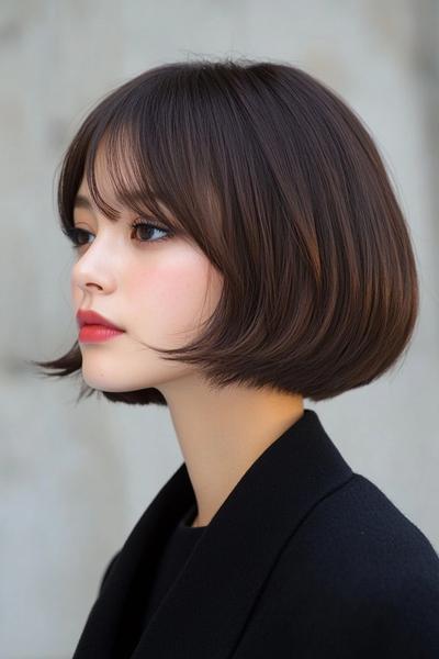 女性が黒髪のショートボブヘアスタイルをしている横顔の写真。