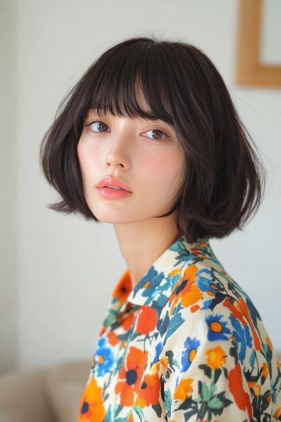 花柄の服を着た女性が、前髪のあるショートボブヘアスタイル。