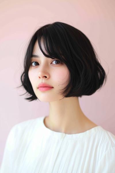 ソフトな波打つ前髪が特徴のダークカラーのショートボブヘアスタイル。