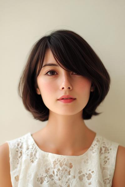 女性のショートボブヘアスタイルで、前髪が斜めに流れています。