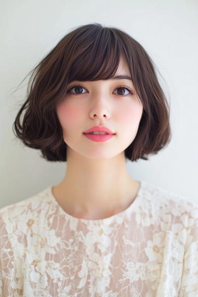 白いレースのトップを着た女性がシンプルで自然なショートボブヘアスタイルをしています。