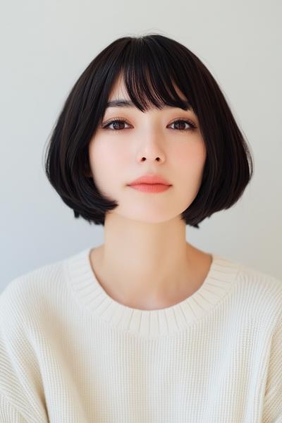 白いセーターを着た女性が黒いショートボブヘアスタイルをしている。