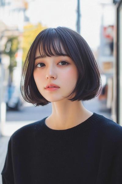 黒のトップを着た女性が、前髪があり、軽い内巻きスタイルのショートボブヘアを持っています。