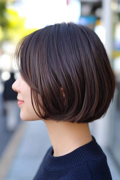 ショートボブのヘアスタイルで、自然な茶色の髪がサイドから見た構図です。