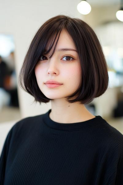 女性が黒い服を着て、前髪ありのシンプルでスタイリッシュなショートボブヘアスタイルをしている姿。