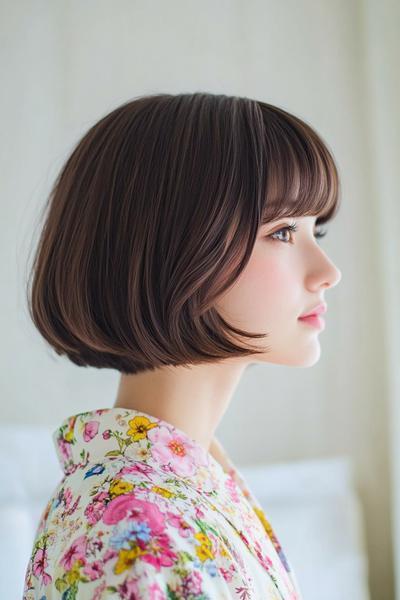 花柄の服を着た女性が、髪が内巻きになったショートボブの髪型をしています。