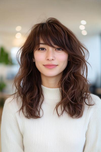 肩までの長さでレイヤーがたくさん入り、ふんわりとした動きを持つウルフカットのヘアスタイル。